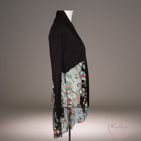 Kim & Cami Embroidered Mesh Floral Cardigan – Black Sheer Boho Layering Piece - Picture 3 of 12
